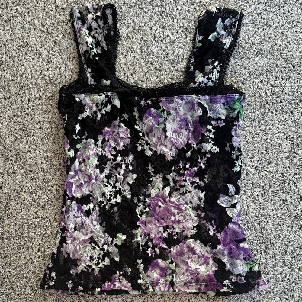 Floral Lace Trim Camisole Tank Top - Black & Purple - Picture 2 of 5